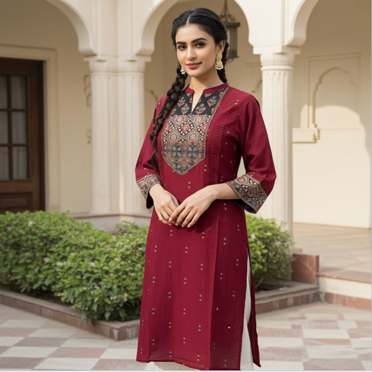 Elegant Handloom Cotton, Full Weave Cotton Kurti in Maroon