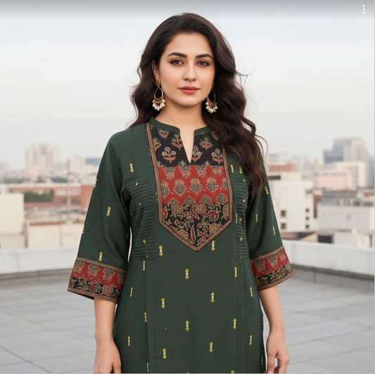 Elegant Handloom Cotton, Full Weave Cotton Kurti in Green