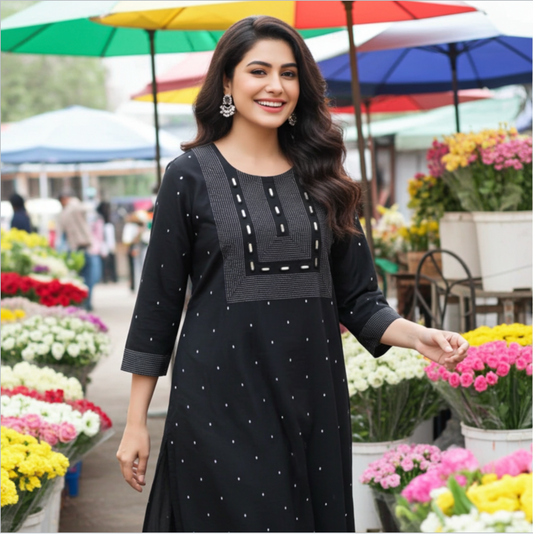 Elegant Black A-Line Kurta- Palazzo Set With White Handloom Thread Embroidery And Mirror Work.