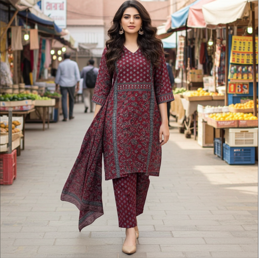 Beautiful Handblock Print Kurti Set in Maroon