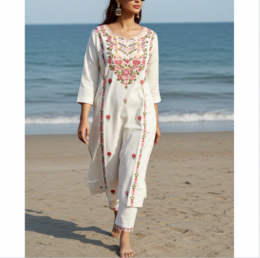 Elegant Off White Floral Embroidered Straight Kurta With Pant