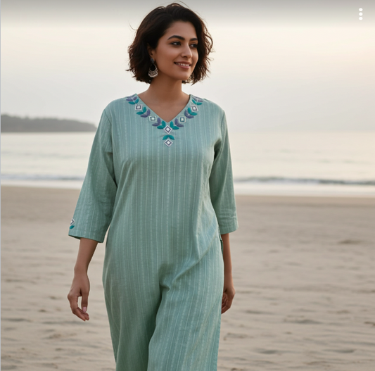 Green Straight Kurta with Printed Pants
