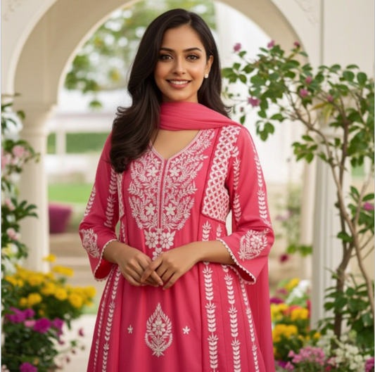 Beautiful Embroidered Lucknowi Suit In Vibrant Pink(Fuchsia)