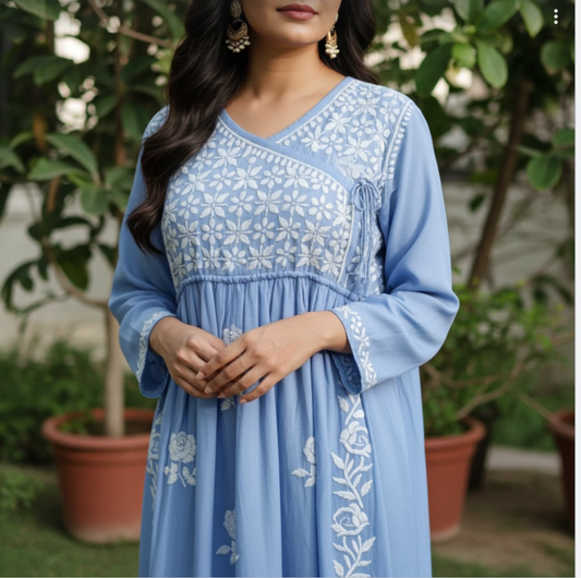 Pure Modal Angrakha Gown in Pastel Blue