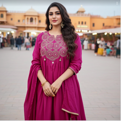 Beautiful A Line Rajwadi Work Kurti Set in Magenta