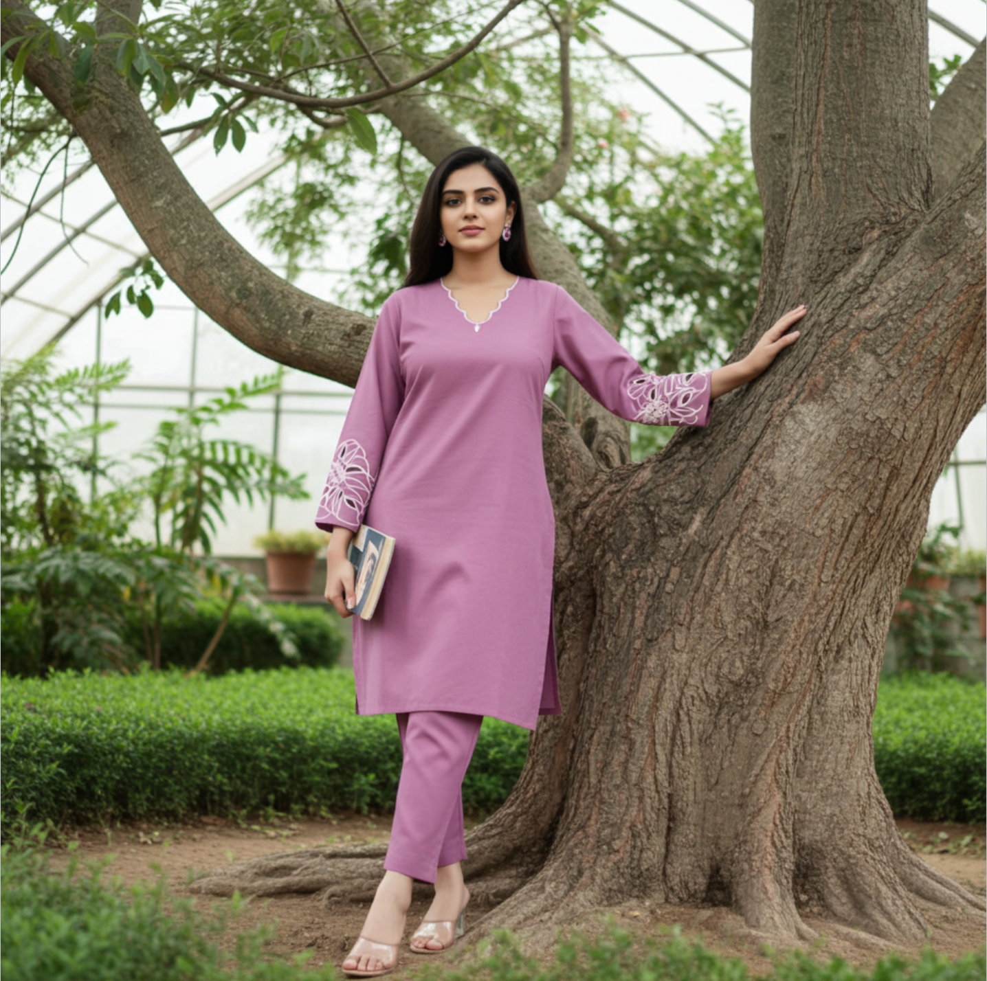 Elegant Mauve-Coloured Kurta Set with Cutwork Sleeves