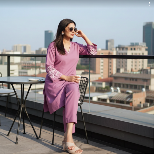 Elegant Mauve-Coloured Kurta Set with Cutwork Sleeves
