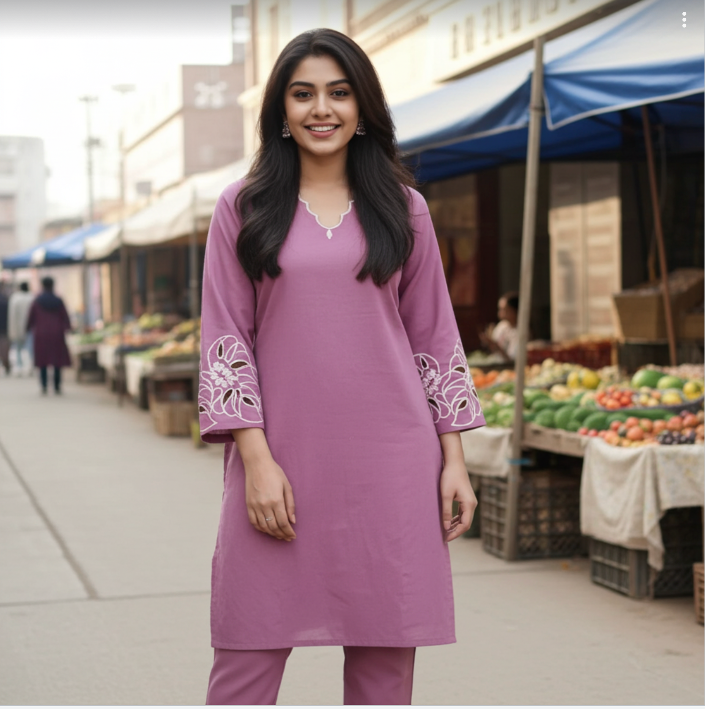 Elegant Mauve-Coloured Kurta Set with Cutwork Sleeves