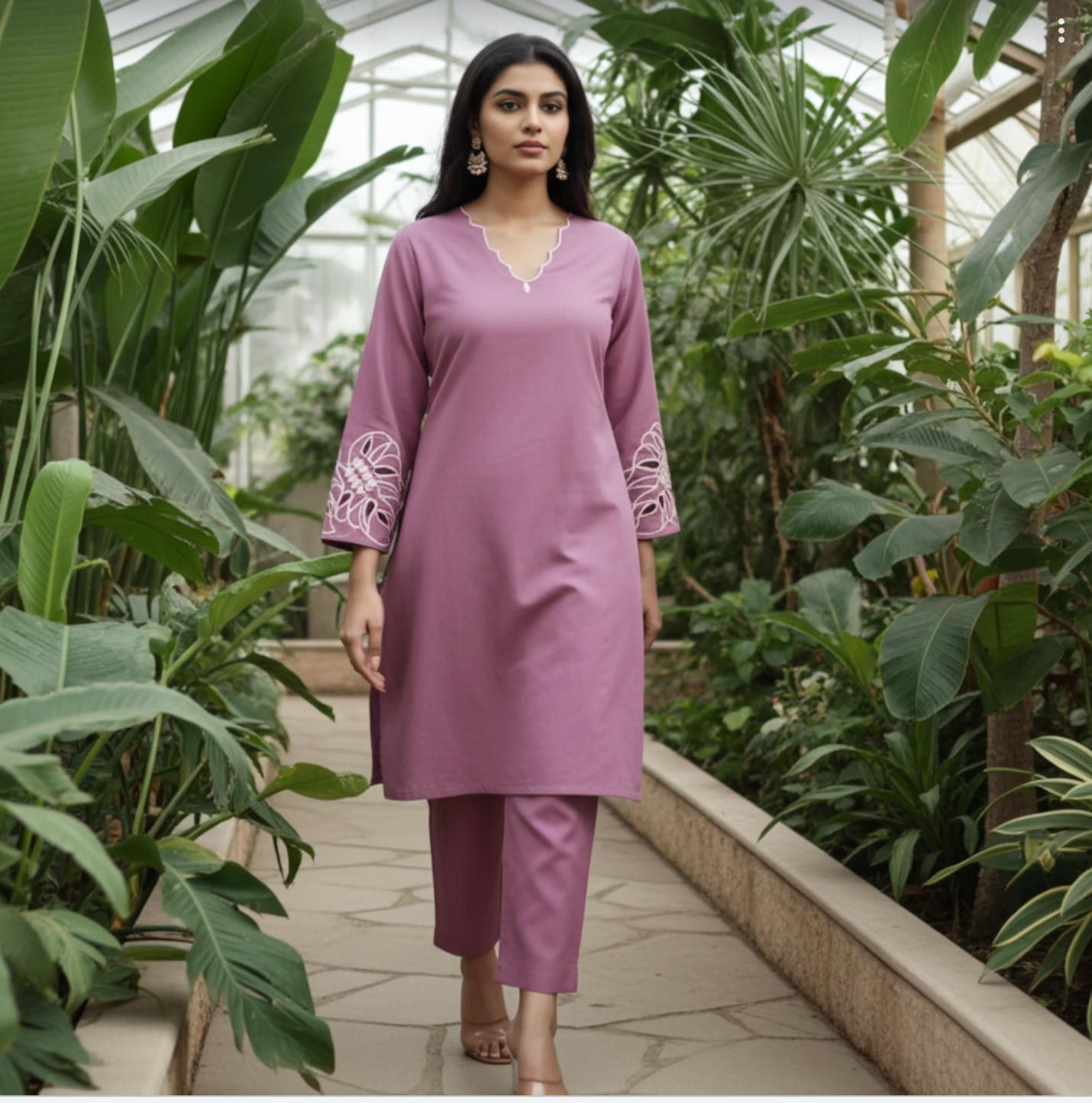 Elegant Mauve-Coloured Kurta Set with Cutwork Sleeves