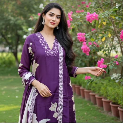 Elegant Purple Floral Printed Sequined Kurta Set