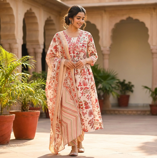 Red and White Printed Anarkali Set