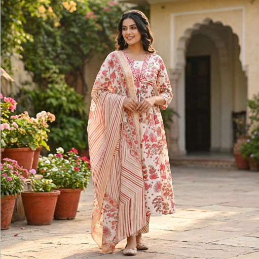 Red and White Printed Anarkali Set