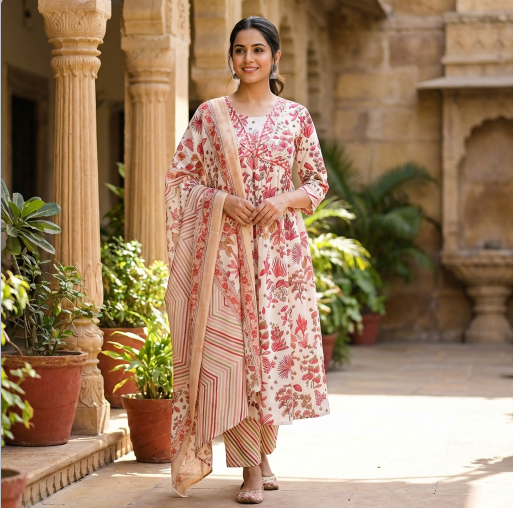 Red and White Printed Anarkali Set