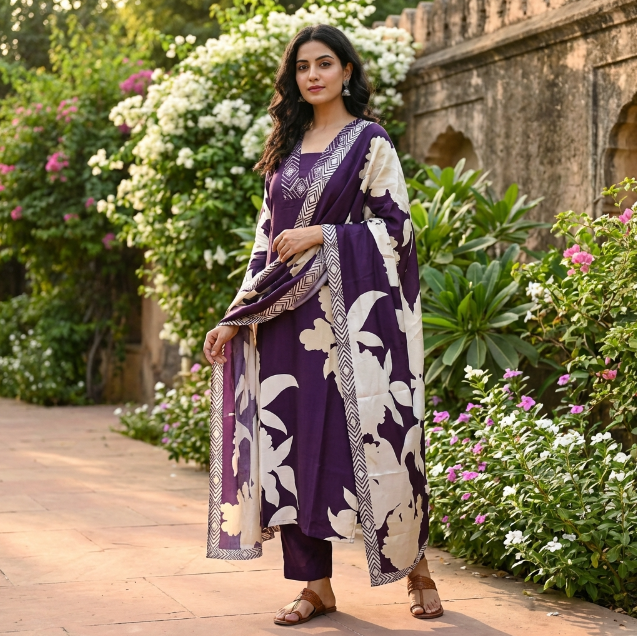 Elegant Purple Floral Printed Sequined Kurta Set
