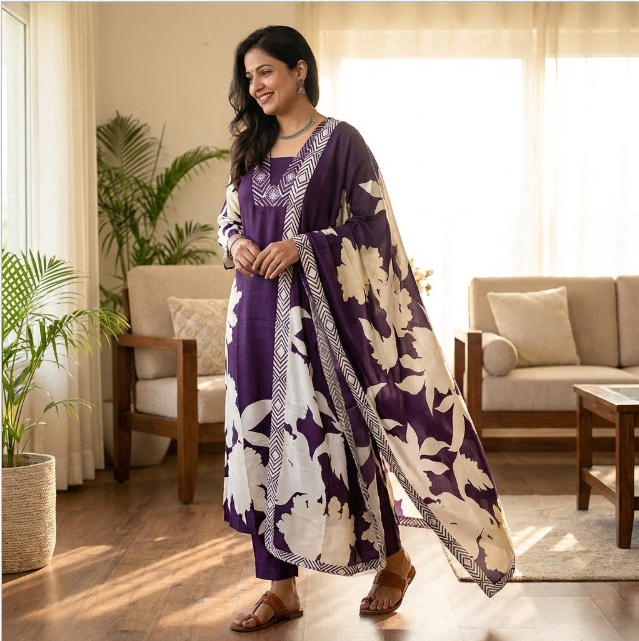 Elegant Purple Floral Printed Sequined Kurta Set