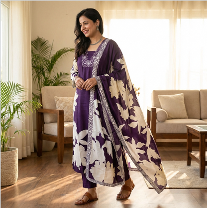 Elegant Purple Floral Printed Sequined Kurta Set