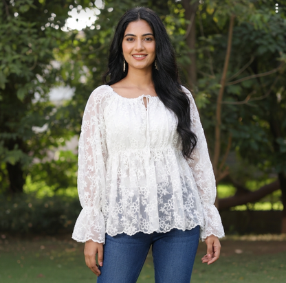 Trendy White Net Lace Sheer Top