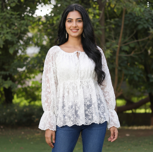 Trendy White Net Lace Sheer Top