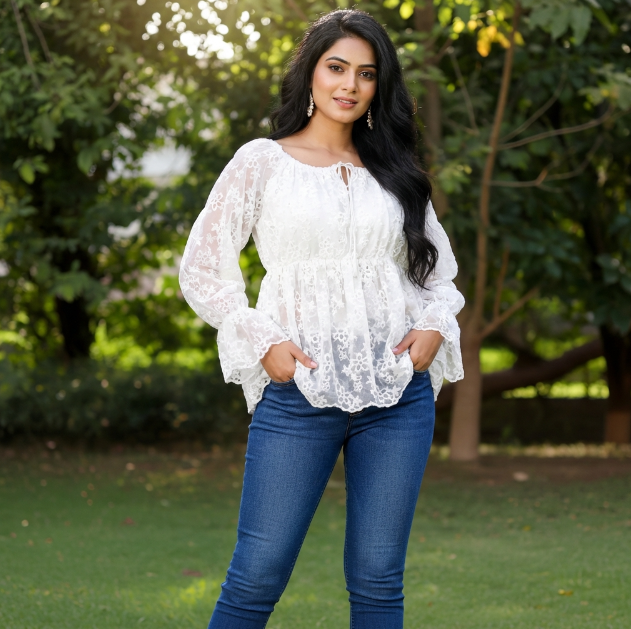 Trendy White Net Lace Sheer Top