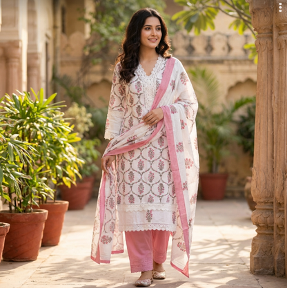 Elegant Straight Cut White Suit With Peach Floral Print
