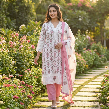 Elegant Straight Cut White Suit With Peach Floral Print