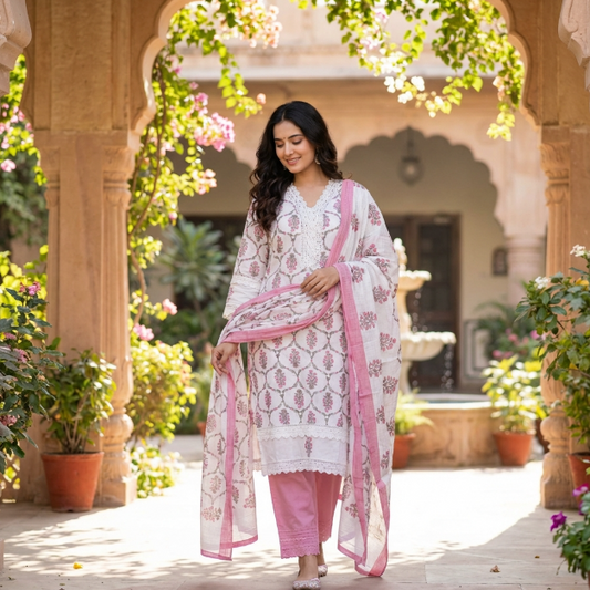 Elegant Straight Cut White Suit With Peach Floral Print