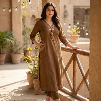 Elegant Gamthi Style Kurti Set in Brown with Pocket Detailing