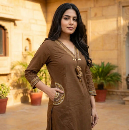 Elegant Gamthi Style Kurti Set in Brown with Pocket Detailing