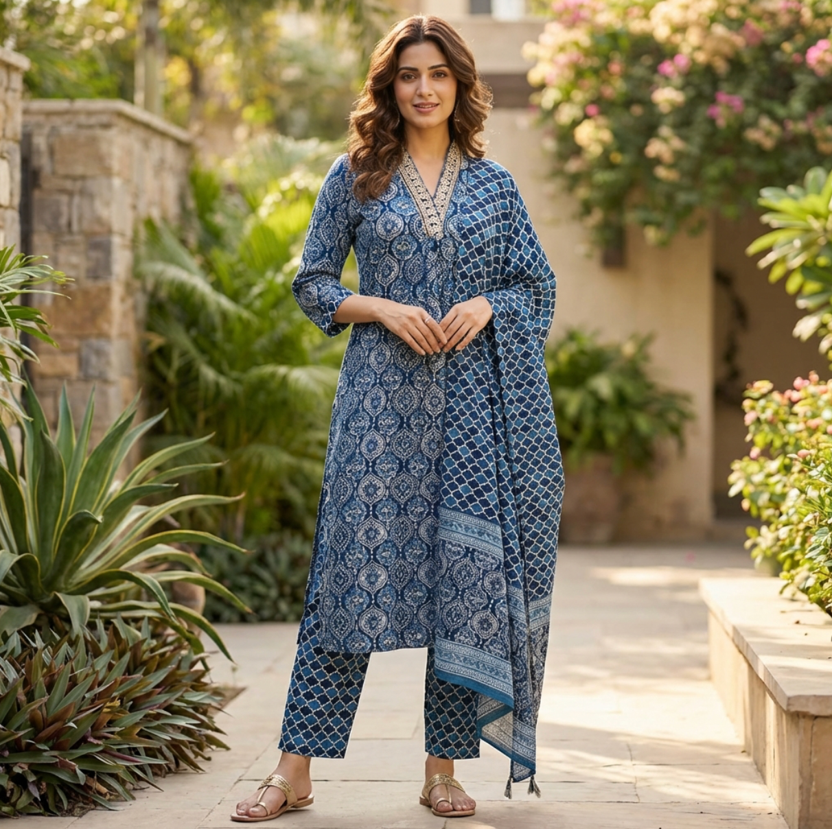 Elegant Hand Block Cotton Printed Cotton Suit in Indigo