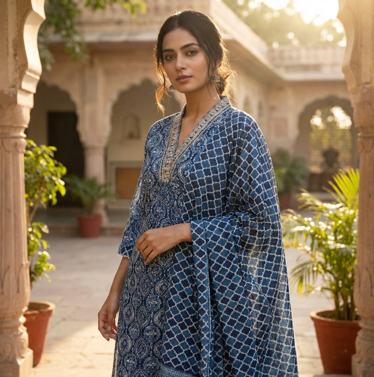 Elegant Hand Block Cotton Printed Cotton Suit in Indigo