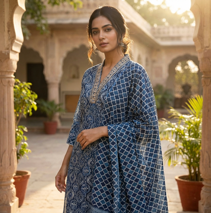 Elegant Hand Block Cotton Printed Cotton Suit in Indigo