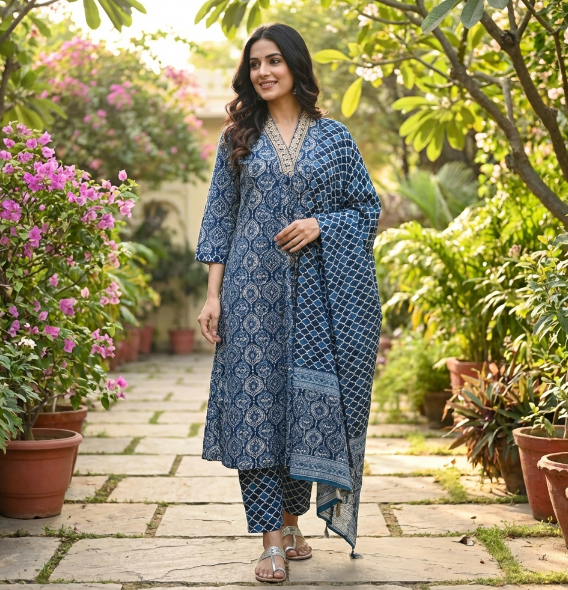 Elegant Hand Block Cotton Printed Cotton Suit in Indigo