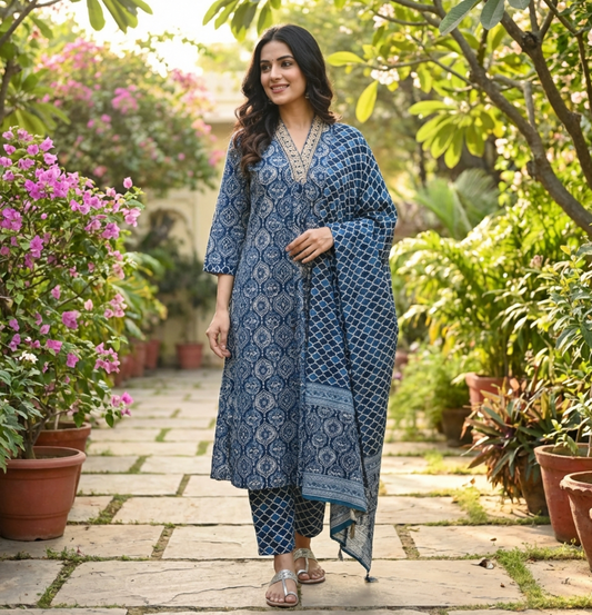 Elegant Hand Block Cotton Printed Cotton Suit in Indigo