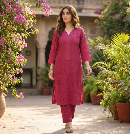 Elegant Cotton Schiffli Pink Kurta with Pants