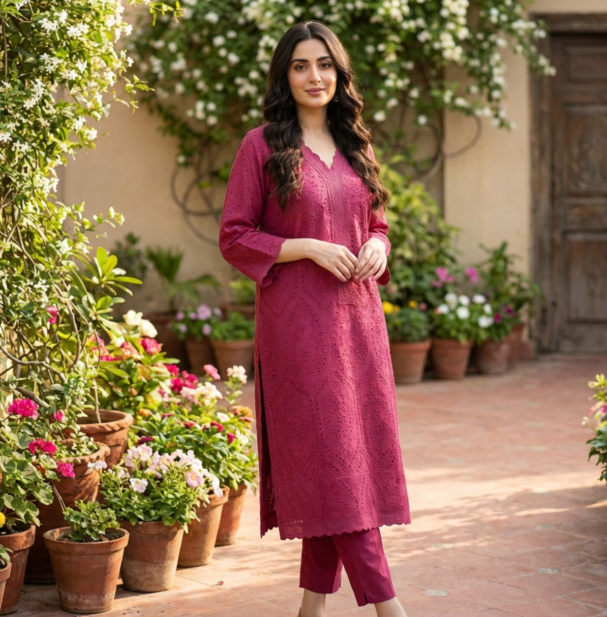 Elegant Cotton Schiffli Pink Kurta with Pants