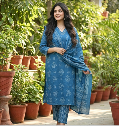 Bandhej Print Premium Cotton Suit Set in Aqua Blue