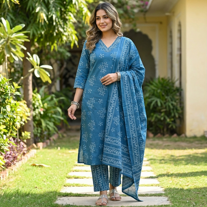 Bandhej Print Premium Cotton Suit Set in Aqua Blue