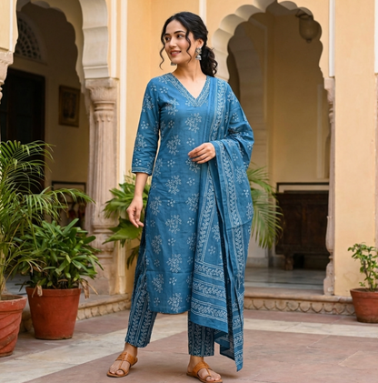 Bandhej Print Premium Cotton Suit Set in Aqua Blue
