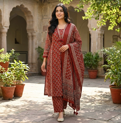 Ajrakh Print Suit Set In Red