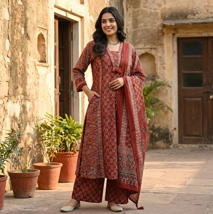 Ajrakh Print Suit Set In Red