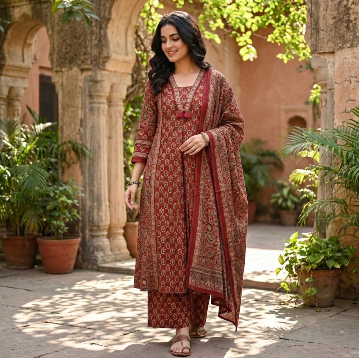 Ajrakh Print Suit Set In Red
