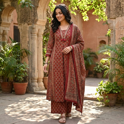 Ajrakh Print Suit Set In Red