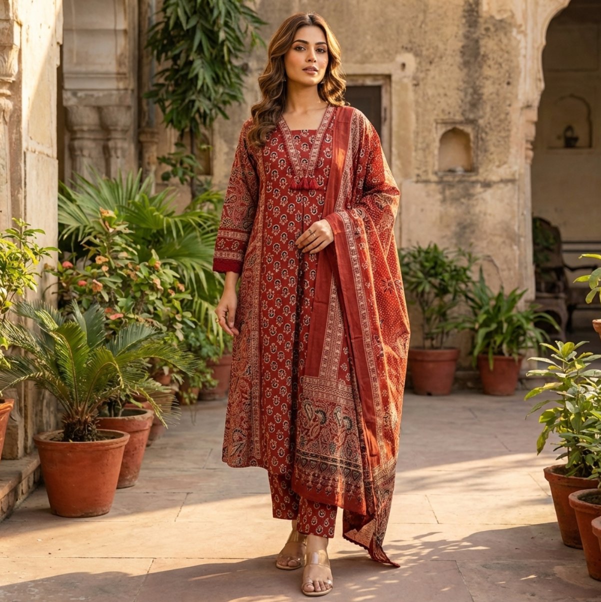 Ajrakh Print Suit Set In Red