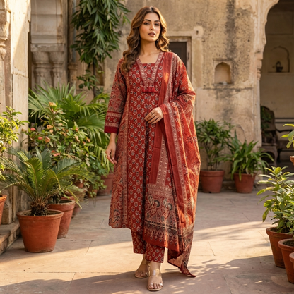 Ajrakh Print Suit Set In Red