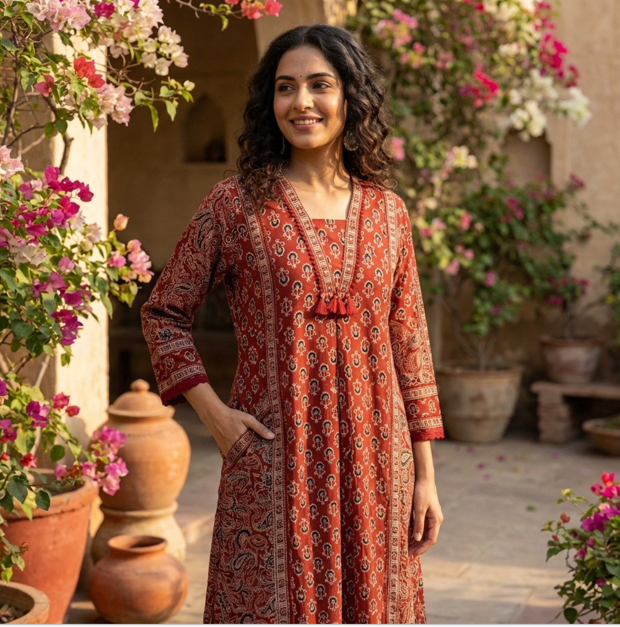 Ajrakh Print Suit Set In Red