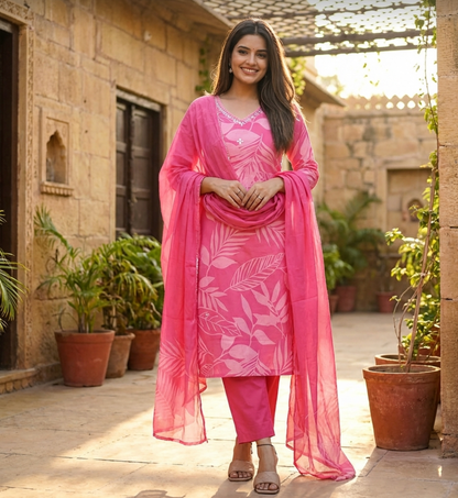 Elegant Pink Printed Suit In Luxurious Soft Cotton