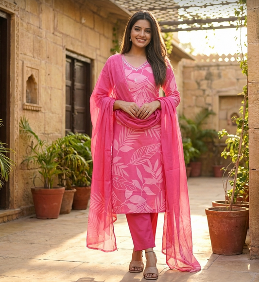 Elegant Pink Printed Suit In Luxurious Soft Cotton