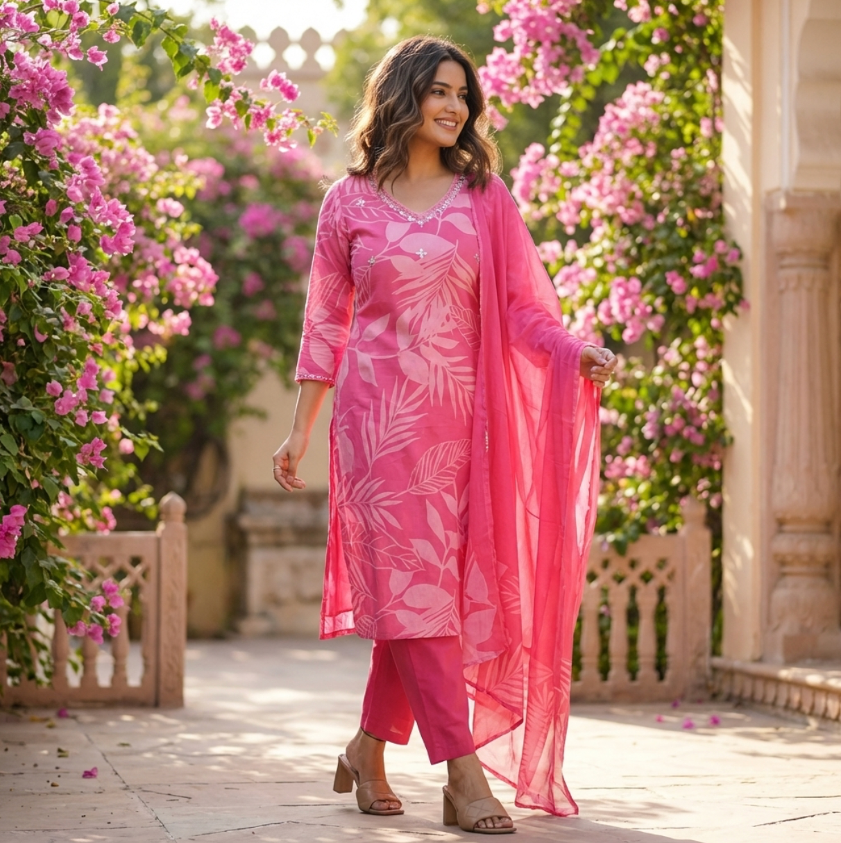 Elegant Pink Printed Suit In Luxurious Soft Cotton