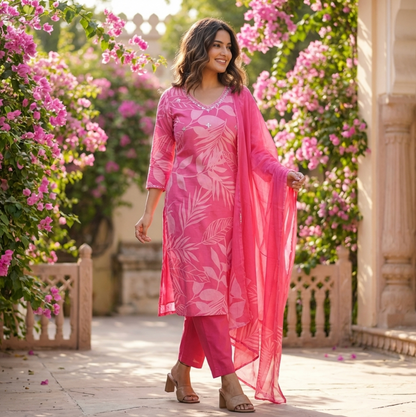 Elegant Pink Printed Suit In Luxurious Soft Cotton
