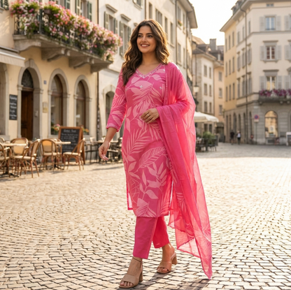 Elegant Pink Printed Suit In Luxurious Soft Cotton
